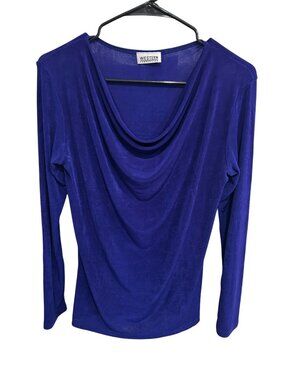 Western Connection Womens Royal Blue Draped Cowl Neck Velvet Top Preppy Chic